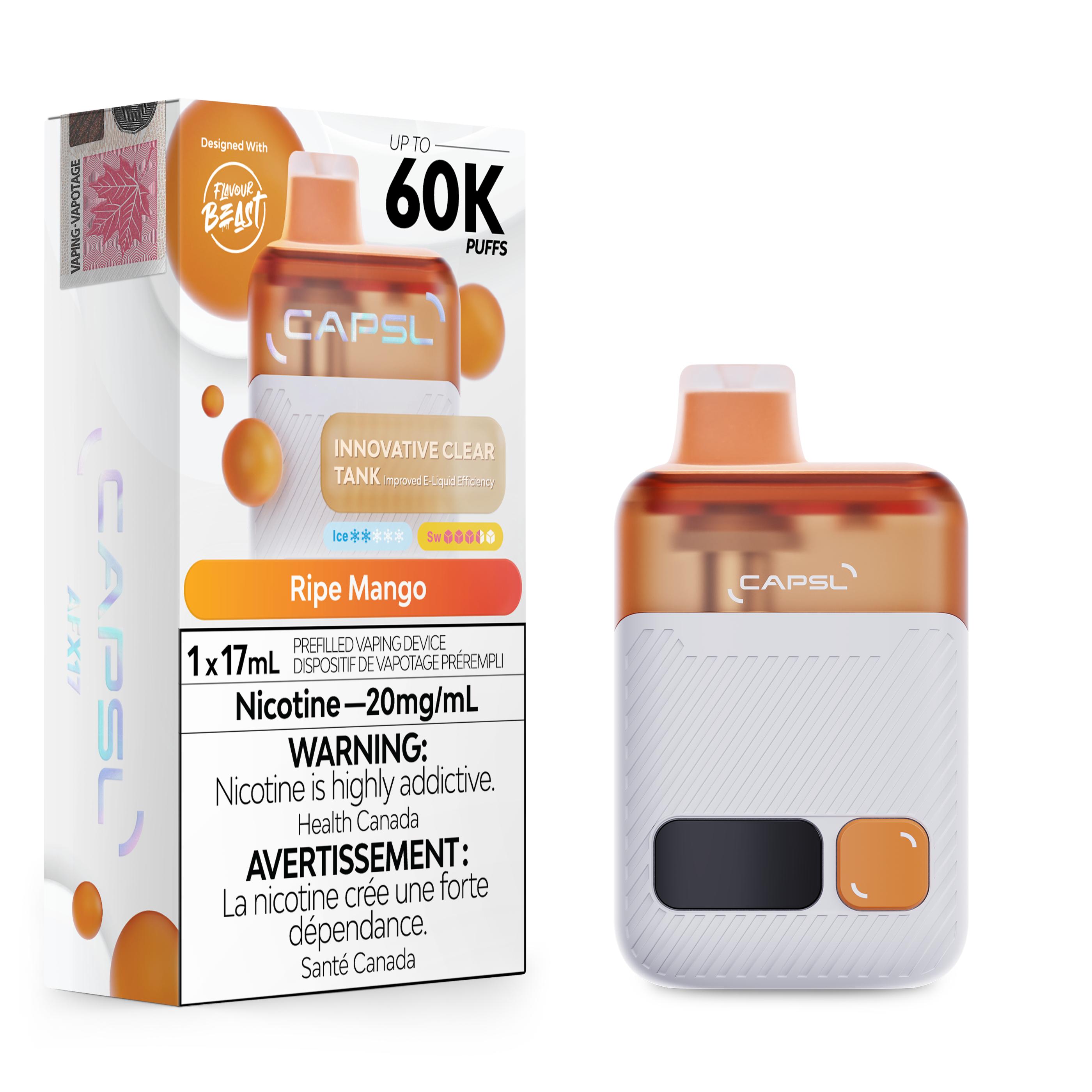 CAPSL AFX17 Disposable Vape in Ripe Mango flavour - 17mL capacity e-cigarette.