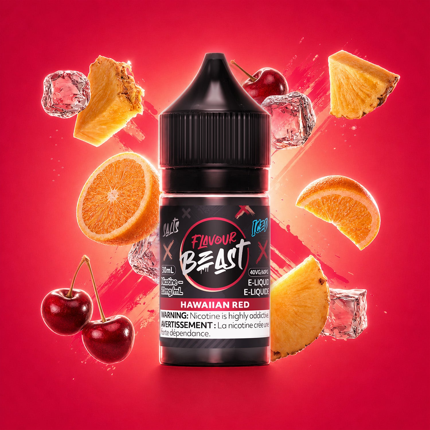 Flavour Beast Hawaiian Red Iced 30mL salt nicotine e-liquid, 20mg/mL, tropical red fruit blend with icy menthol exhale, for refillable pod systems, available at Supa Vapes Canada.