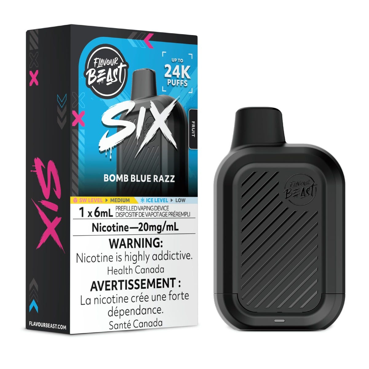Flavour Beast SIX disposable vape in Bomb Blue Razz flavour, 24,000 puffs, 6mL | Supa Vapes Canada