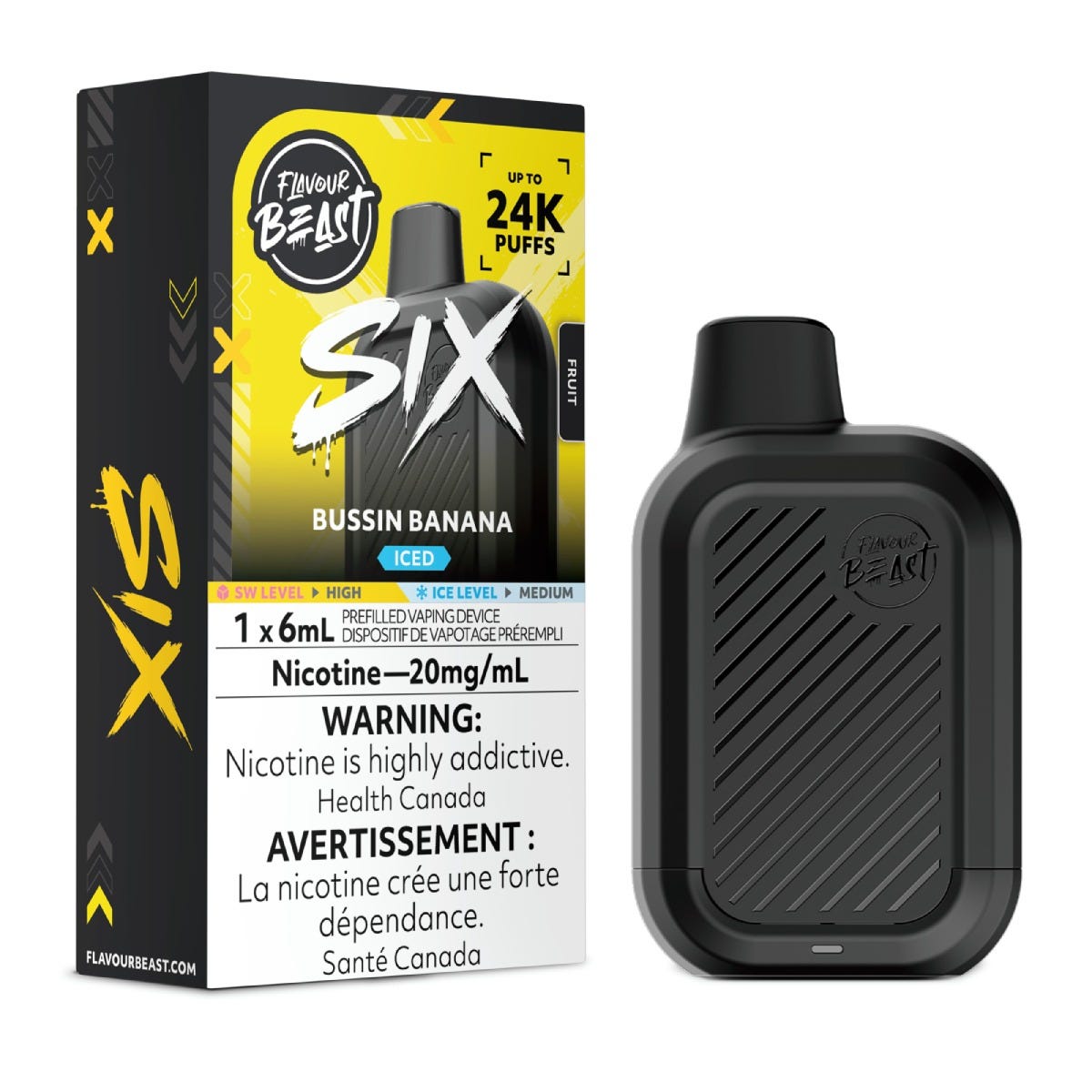 Flavour Beast SIX disposable vape in Bussin Banana Iced flavour, 24,000 puffs, 6mL | Supa Vapes Canada