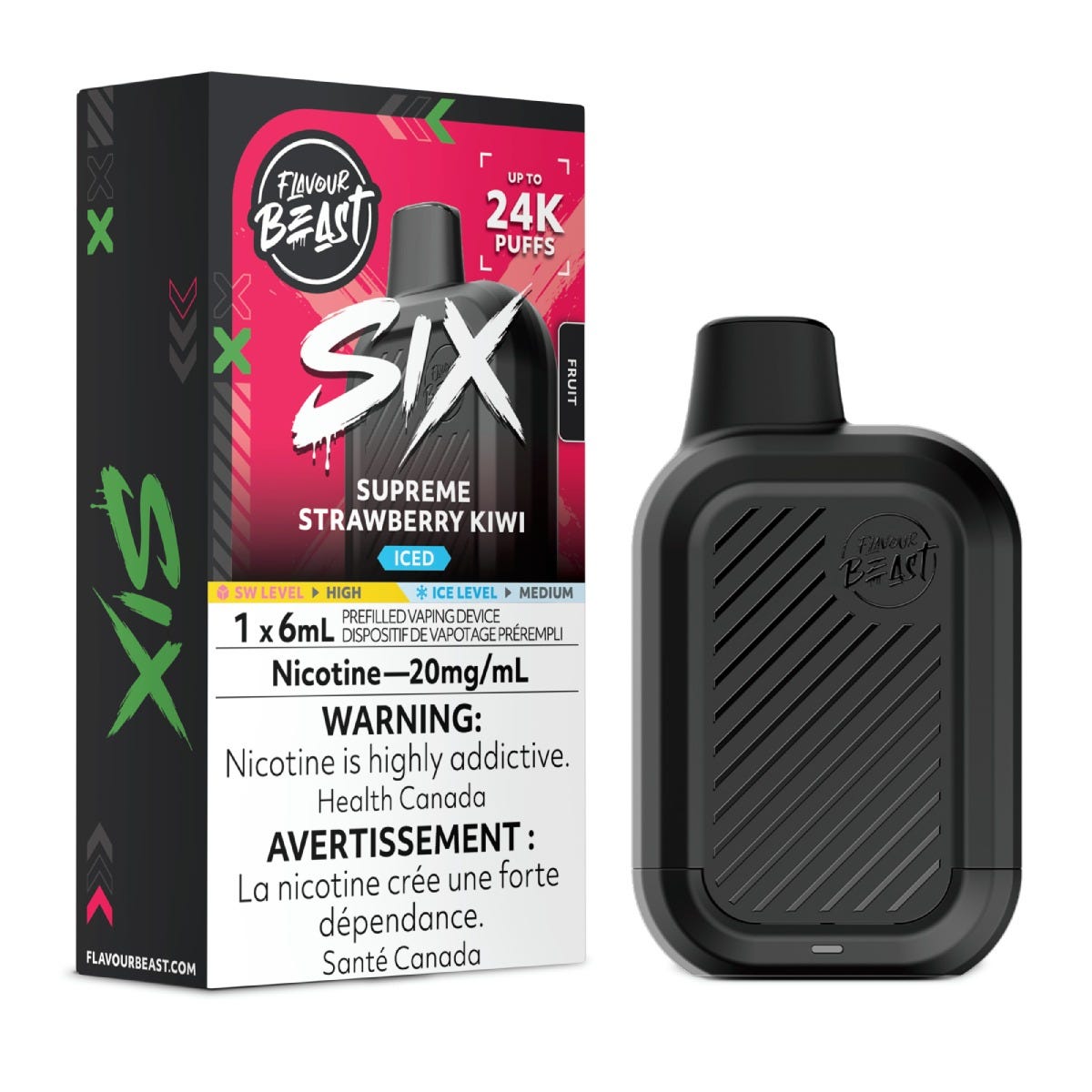 Flavour Beast SIX disposable vape in Supreme Strawberry Kiwi Iced flavour, 24,000 puffs, 6mL | Supa Vapes Canada