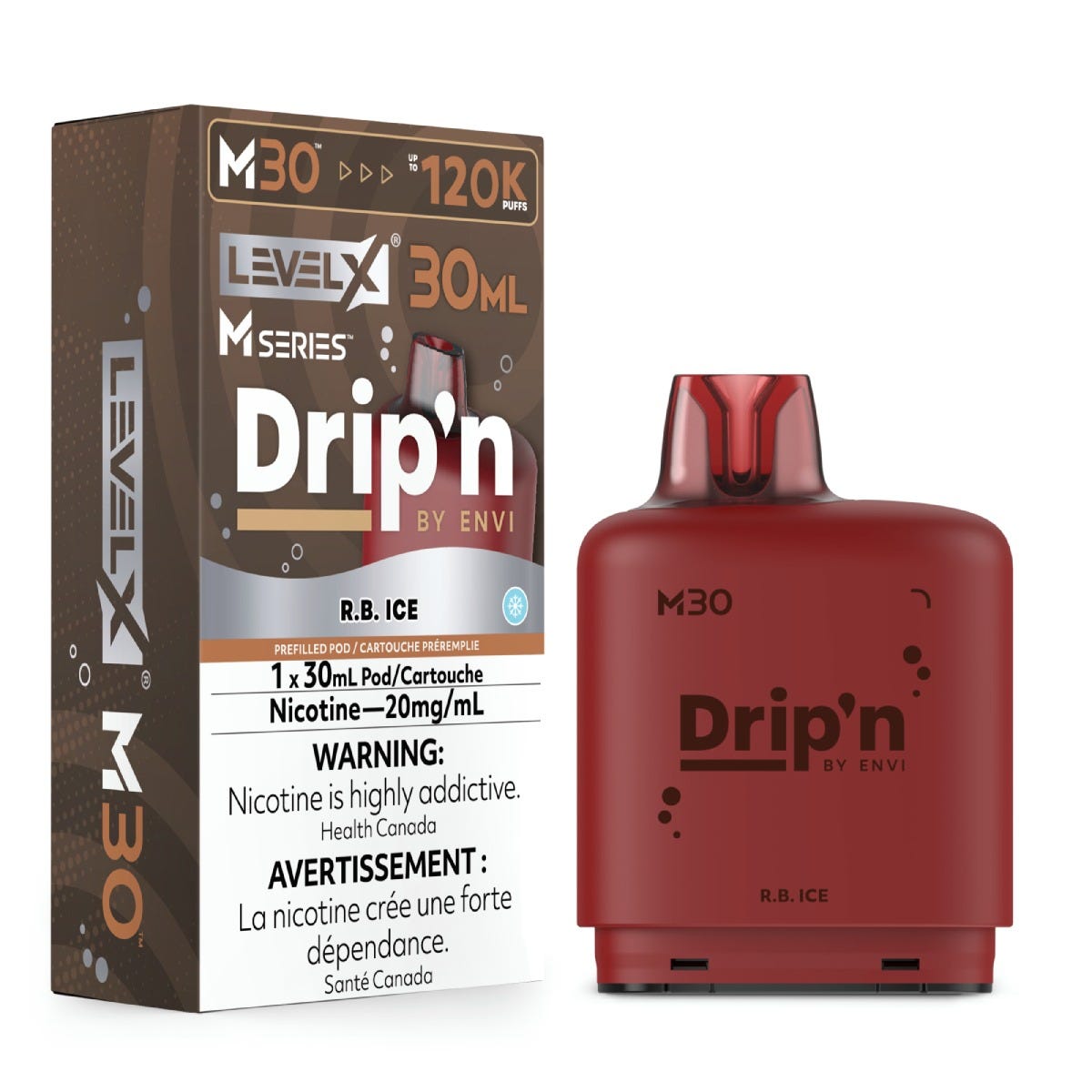 Level X Drip'n by Envi M30 pod in R.B. Ice flavour, 30mL, 120K puffs | Supa Vapes Canada
