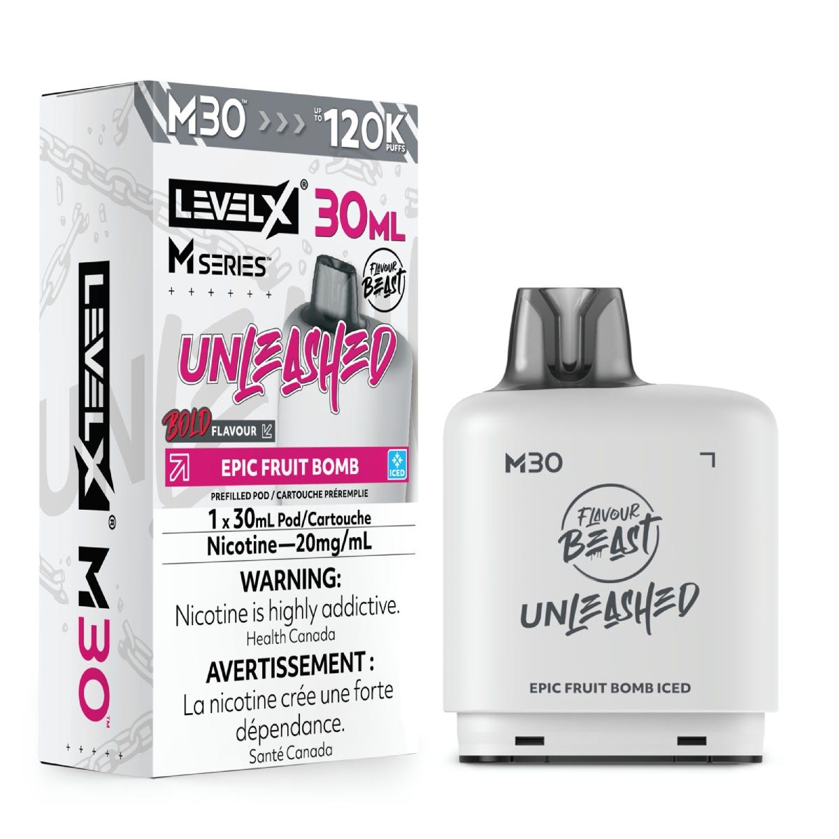 Flavour Beast Level X Unleashed M30 pod in Epic Fruit Bomb Iced flavour, 30mL, 120K puffs | Supa Vapes Canada