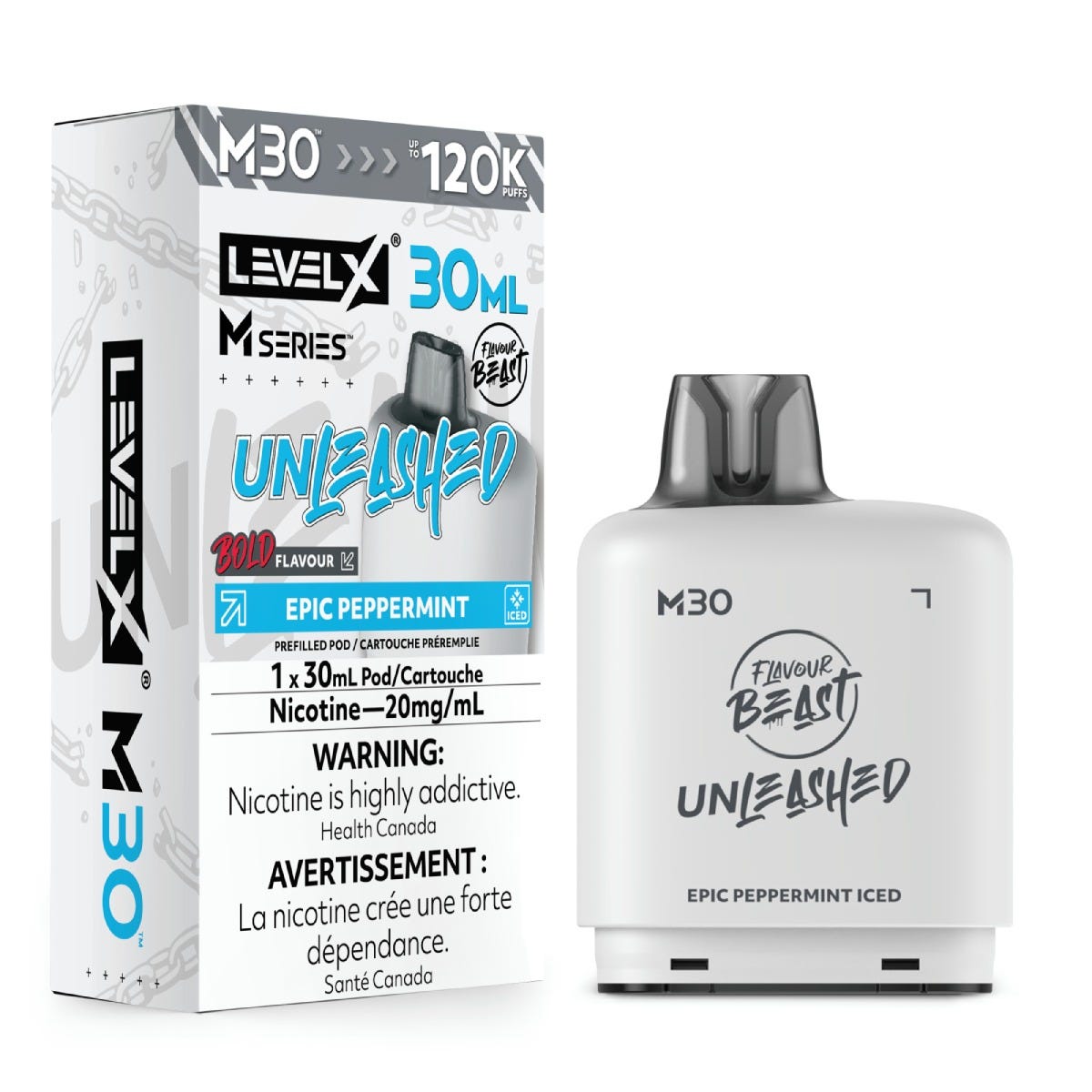 Flavour Beast Level X Unleashed M30 pod in Epic Peppermint Iced flavour, 30mL, 120K puffs | Supa Vapes Canada