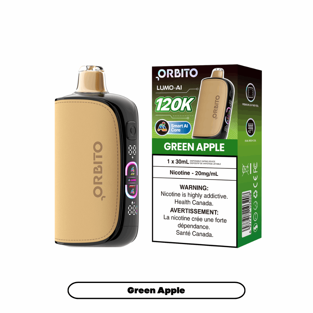 Orbito Lumo-AI 120K disposable vape in Green Apple flavour with Smart AI Core, 120,000 puffs, 20mg salt nicotine, available at SupaVapes Canada.