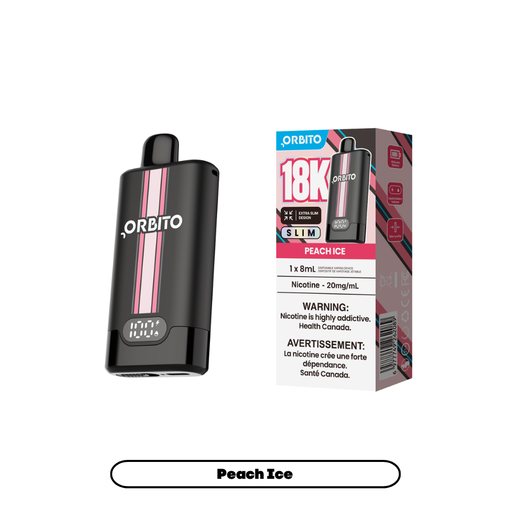 Orbito Slim 18K disposable vape in Peach Ice flavour, 18,000 puffs, 8mL | Supa Vapes Canada