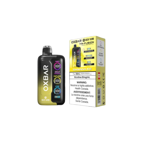 Rocky Vapor Oxbar Tri Fusion, Banana Ice flavour, advanced triple tank control device, designed for Ontario and Quebec vape enthusiasts.