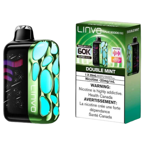 Linvo Rave 60000 PRO Double Mint flavour vape with advanced beat-sensing LED lights, adjustable airflow, and long-lasting battery for up to 60,000 puffs, ideal for Ontario and Quebec vapers.
