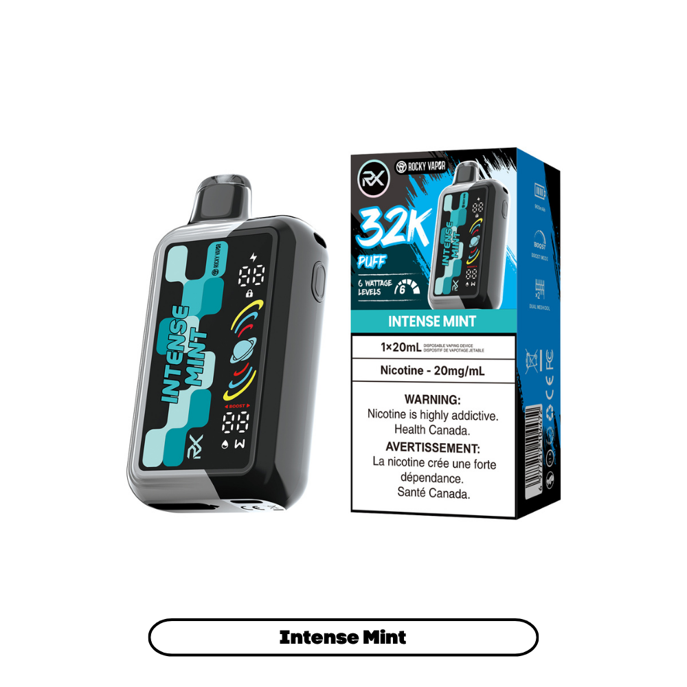 Rocky Vapor RX 32K disposable vape in Intense Mint flavour, 32,000 puffs, 20mL | Supa Vapes Canada