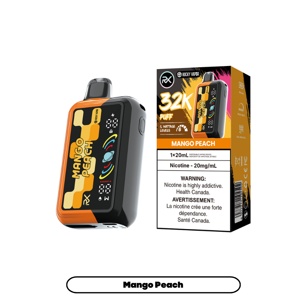 Rocky Vapor RX 32K disposable vape in Mango Peach flavour, 32,000 puffs, 20mL | Supa Vapes Canada
