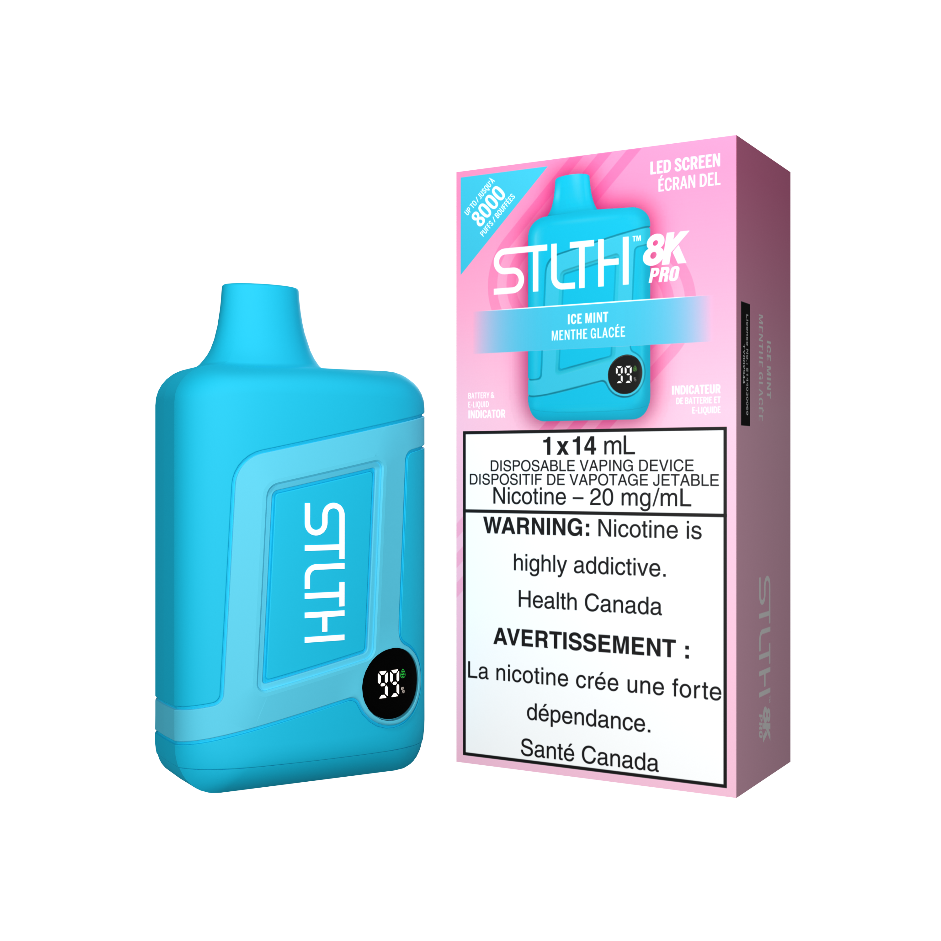STLTH 8K PRO, Kiwi Dragon Berry Ice flavour, 20mg nicotine strength, LED indicator for long-lasting vaping, ideal for Ontario and Quebec users.
