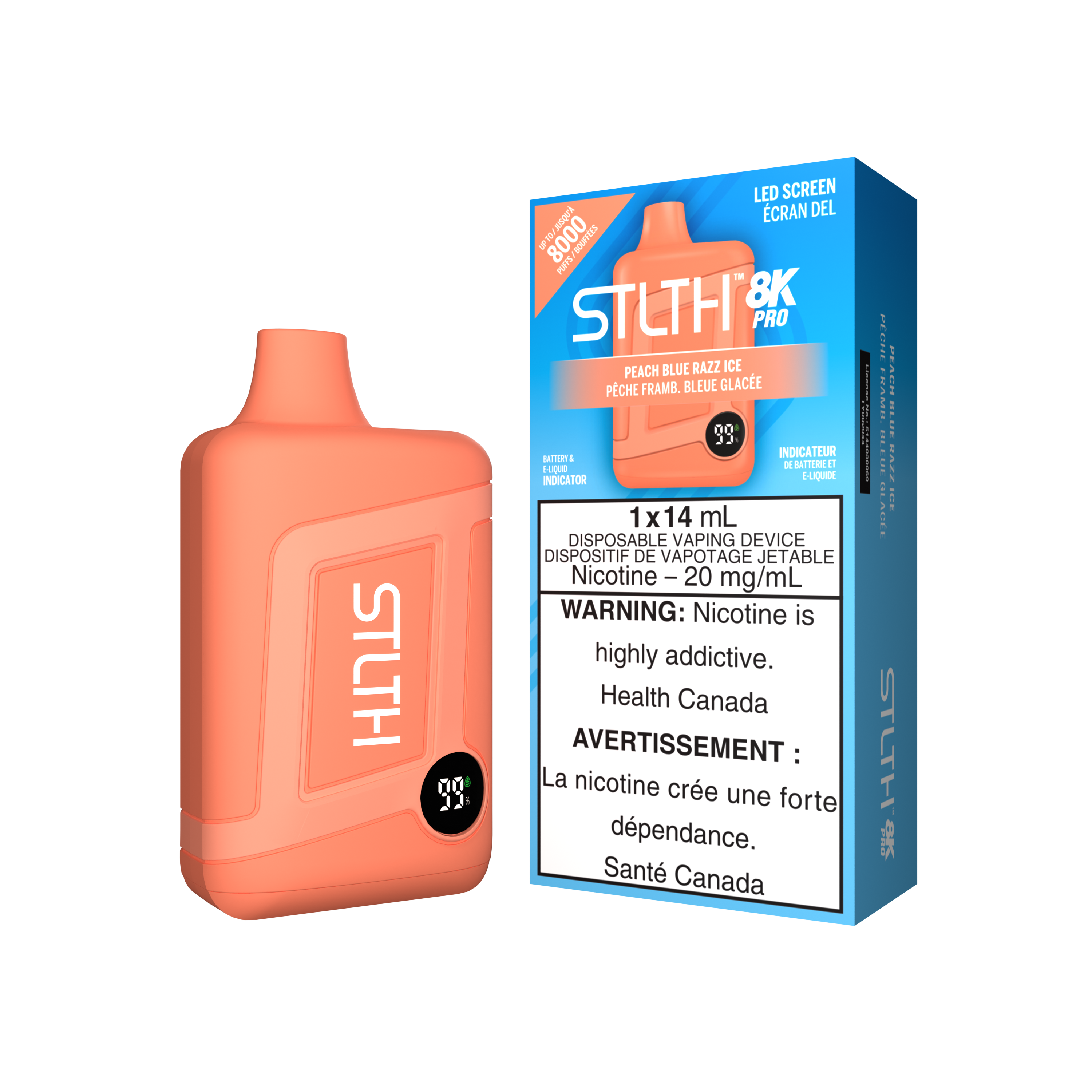 STLTH 8K PRO Arctic Mint flavour disposable vape with 20mg nicotine, featuring LED juice and battery indicator, designed for Ontario and Quebec vape users.