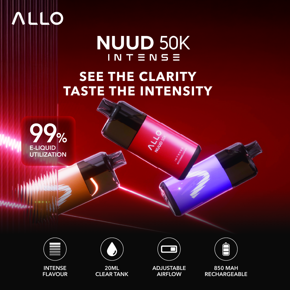 Allo Nuud 50K Intense, Designed for vapers who crave bold flavour and no guesswork, this next-generation disposable features Clear Tank Technology, allowing you to see your e-liquid levels at all times