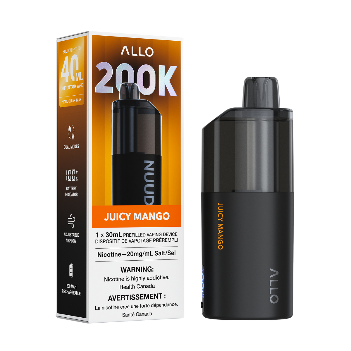 Allo Nuud 200K Disposable Vape 30mL in Juicy Mango flavour | Supa Vapes Canada