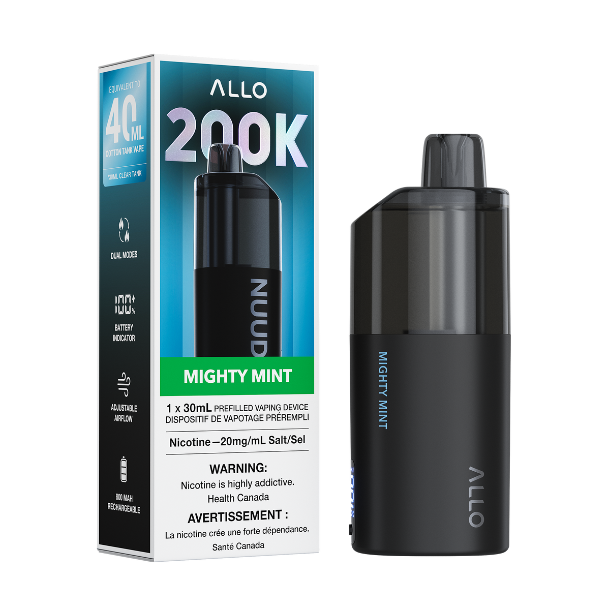 Allo Nuud 200K Disposable Vape 30mL in Mighty Mint flavour | Supa Vapes Canada
