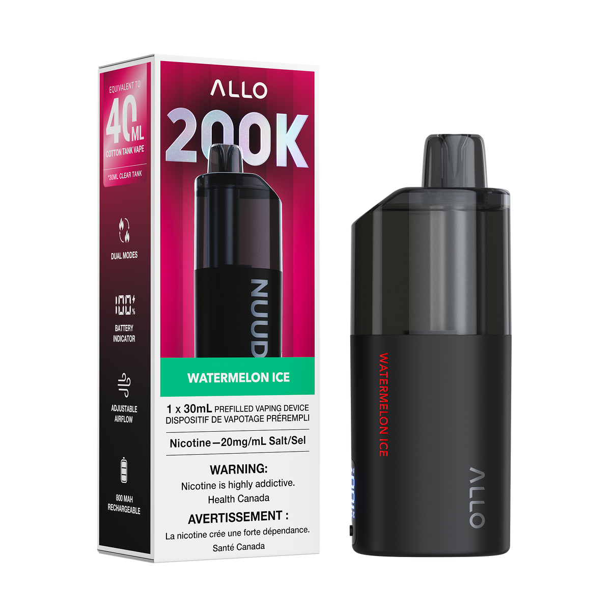 Allo Nuud 200K Disposable Vape 30mL in Watermelon Ice flavour | Supa Vapes Canada