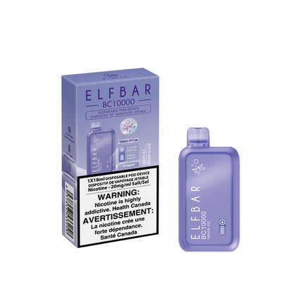 Elf Bar disposable vape device packaging with warning label on a white background. BC10000-Grape-Ice