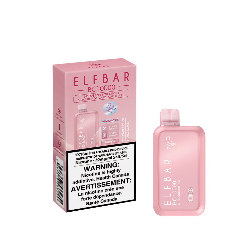 Pink Elf Bar disposable vape device packaging on a white background. BC10000-Strawberry-Ice