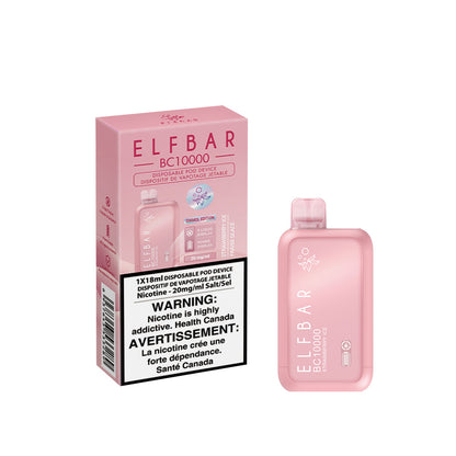 Pink Elf Bar disposable vape device packaging on a white background. BC10000-Strawberry-Ice