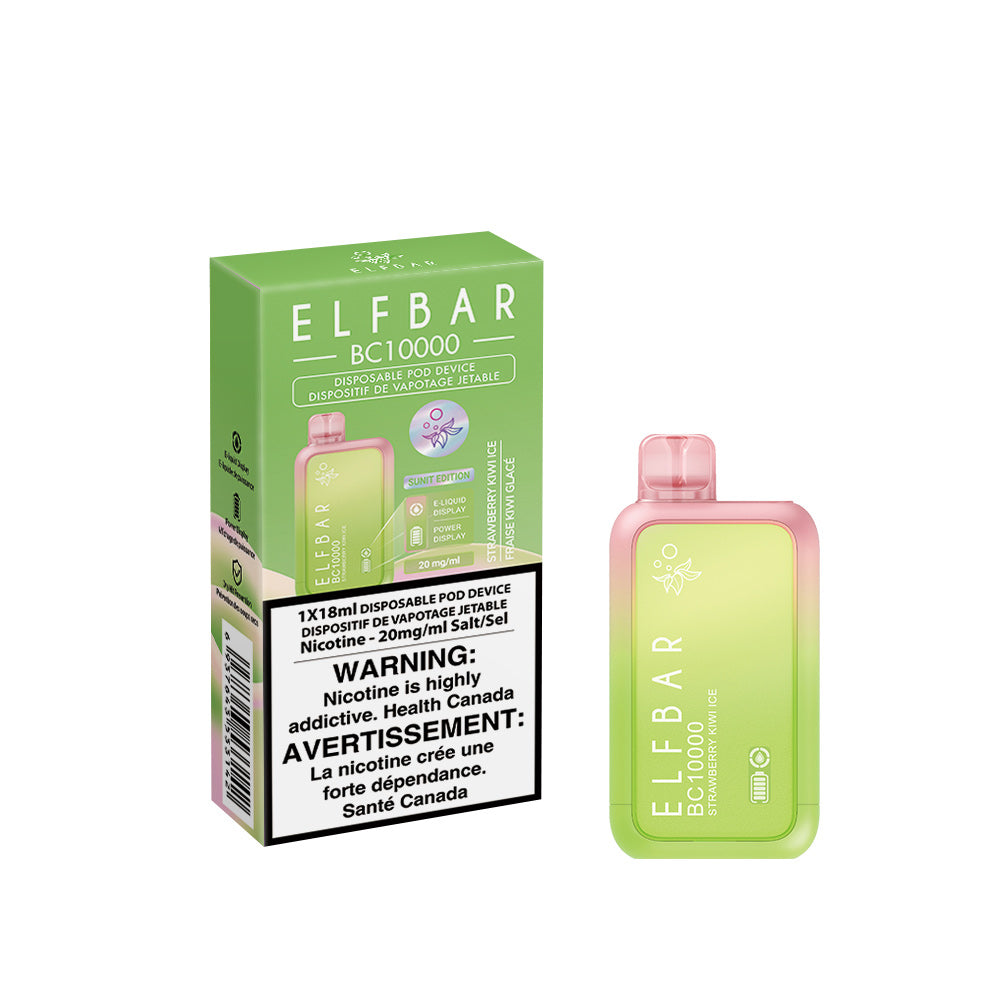 Elf Bar disposable vape device packaging with green and pink design on a white background. BC10000-Strawberry-Kiwi-Ice