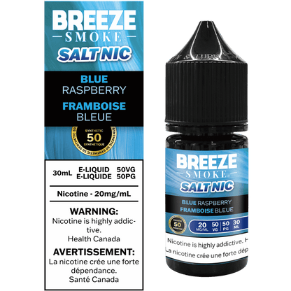 Breeze Smoke Salt Nic Blue Raspberry e-liquid bottle and packaging on a white background