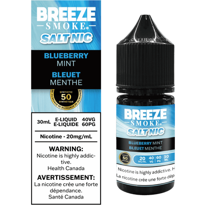 Breeze Smoke Salt Nic Blueberry Mint e-liquid bottle and packaging on a white background