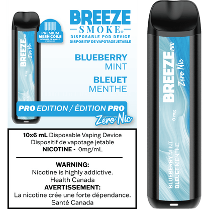 Breeze PRO 0MG disposable vape, Blueberry Watermelon flavour, nicotine-free, up to 2,000 puffs, rich flavour, sleek portable design for Ontario and Quebec vapers.