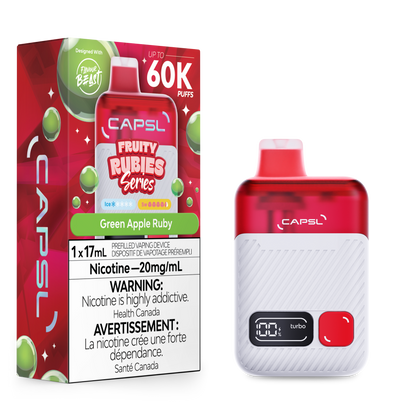 CAPSL vape device and packaging with green apple ruby flavor on a white background