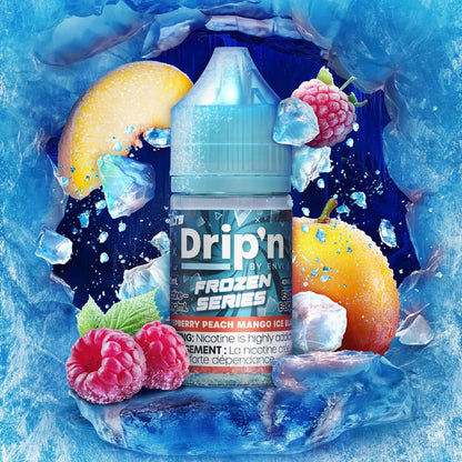 DRIP'N by Envi Frozen Series Salt, Raspberry Peach Mango Ice Blast flavour, 30mL bold and frosty e-liquid with smooth salt nicotine satisfaction, perfect for Ontario and Quebec vapers.