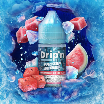 DRIP'N by Envi Frozen Series Salt 30mL, Watermelon CG Ice Blast flavor, premium salt nicotine e-liquid providing a cool, icy vape experience, designed for Ontario and Quebec vapers.