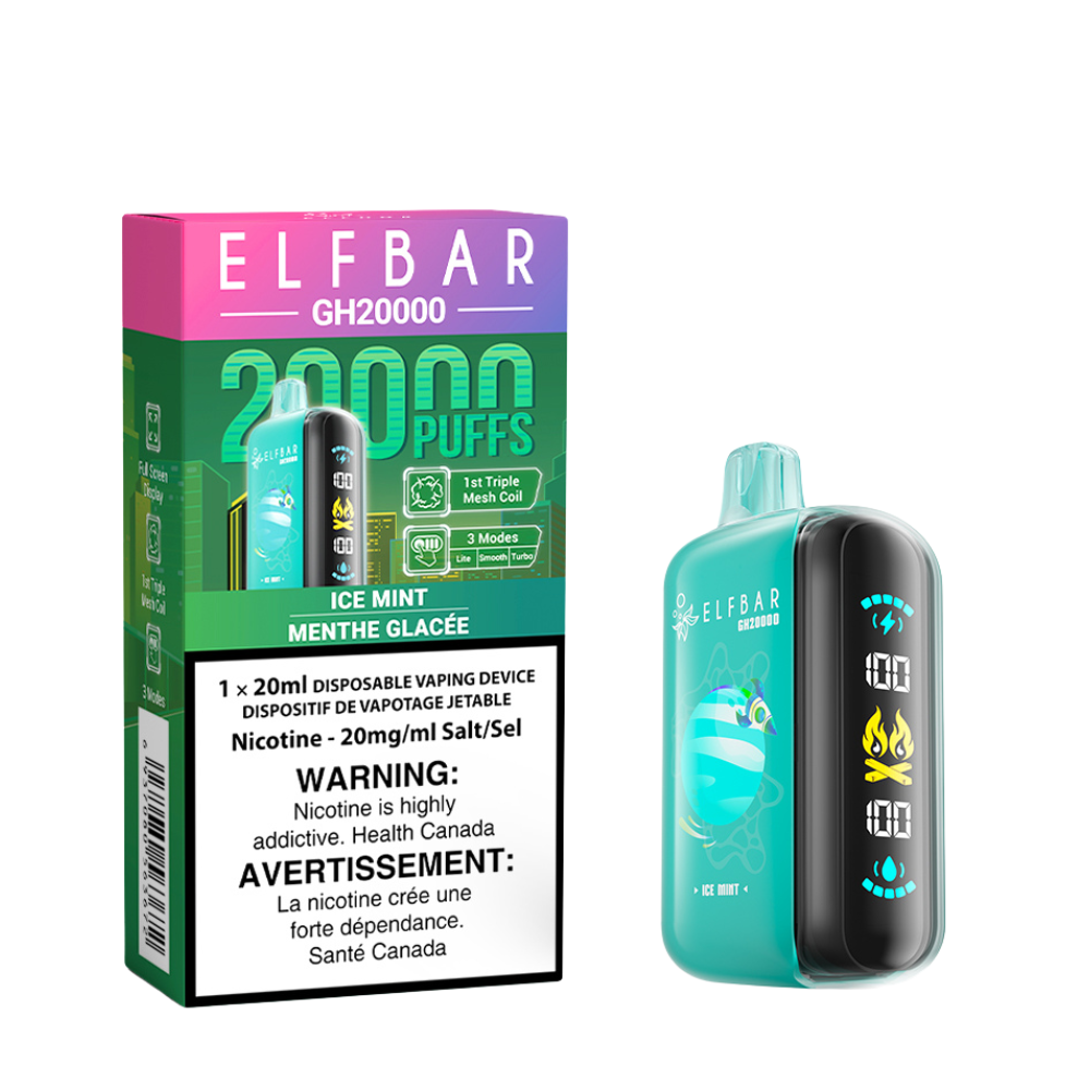 Elf Bar GH20K Disposable Vape Ice Mint flavour, refreshing menthol burst, perfect for a cool and smooth vaping experience, ideal for vapers in Ontario and Quebec.