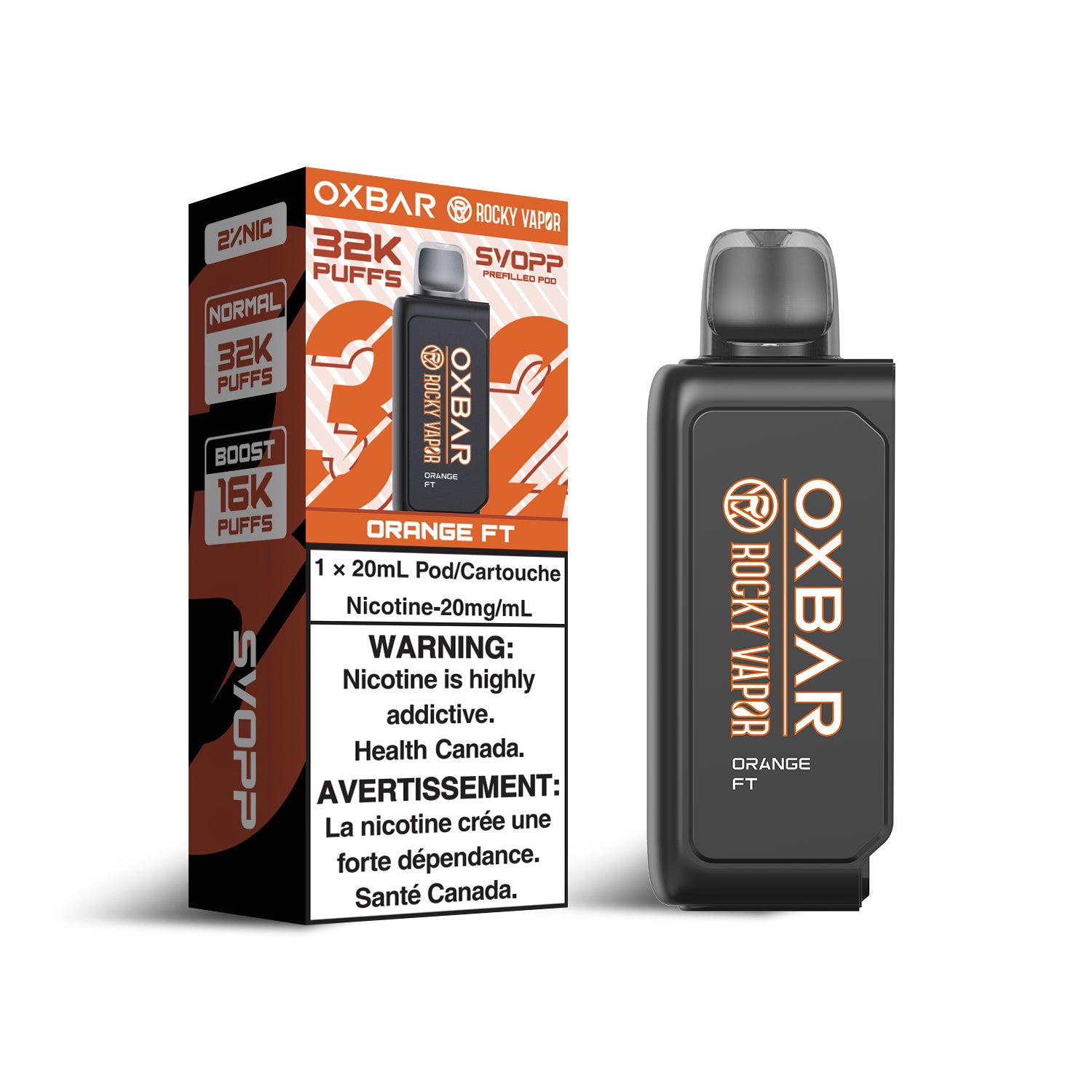 SVOPP Rocky Vapor OXBAR 32K, Orange Ft flavor, adjustable airflow and wattage, rich taste and smooth vapor, ideal for Ontario and Quebec vapers.