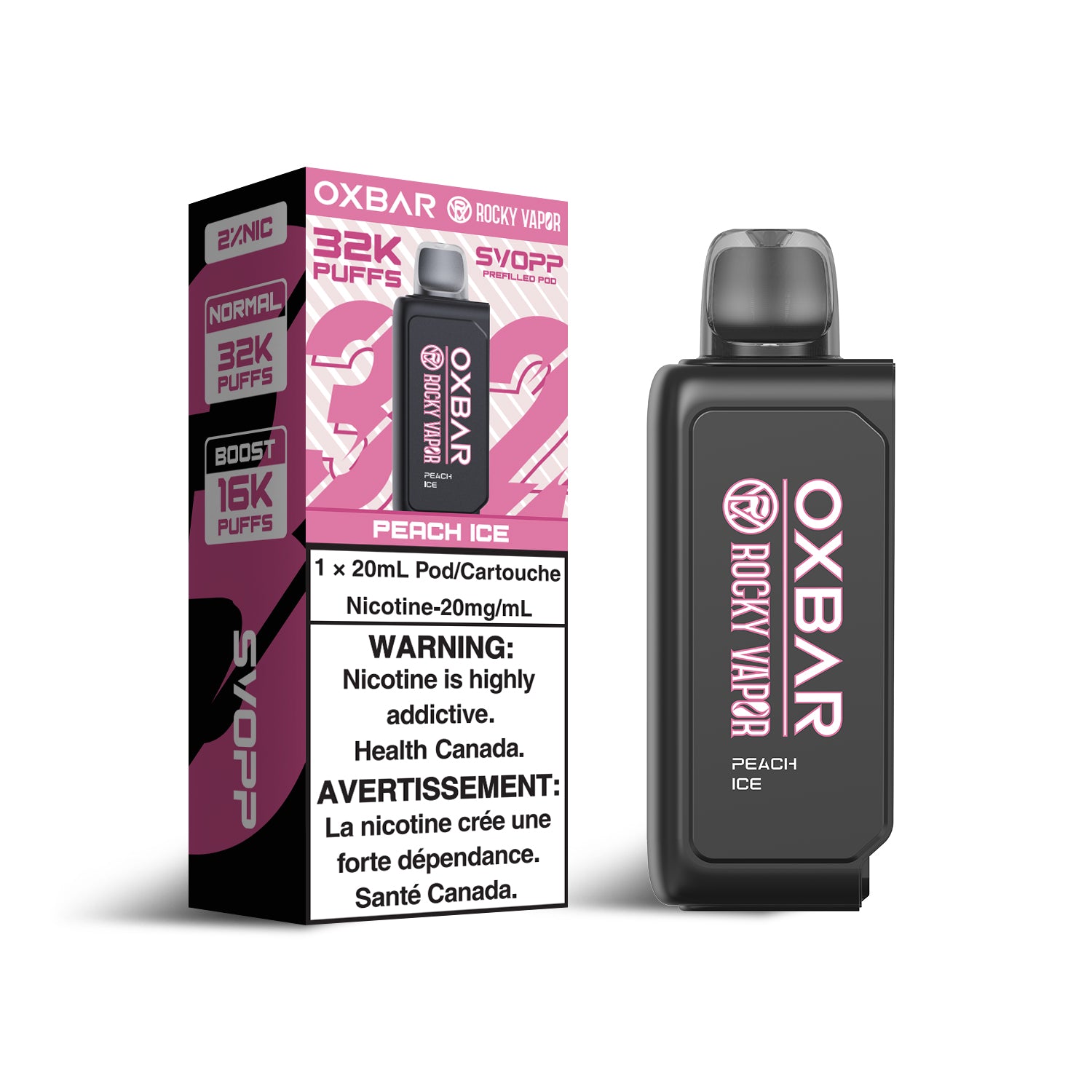 SVOPP Rocky Vapor OXBAR 32K, Mango Pineapple flavour, 32,000 puff capacity with adjustable airflow and six watt levels for personalized vaping, designed for Ontario and Quebec vapers.
