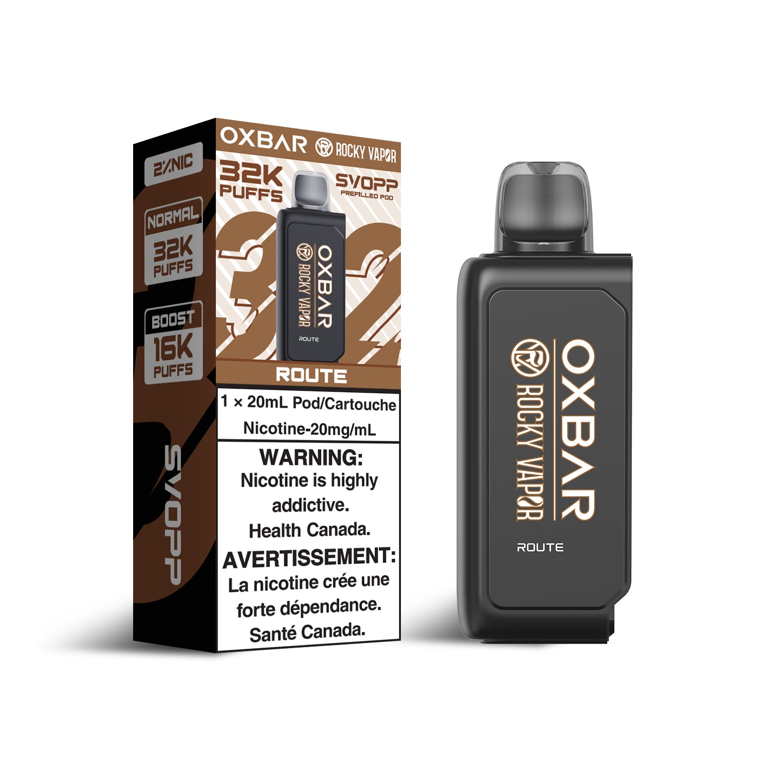 SVOPP Rocky Vapor OXBAR 32K, GB flavor, advanced dual mesh coil technology, delivering smooth and rich taste, designed for vapers in Ontario and Quebec.