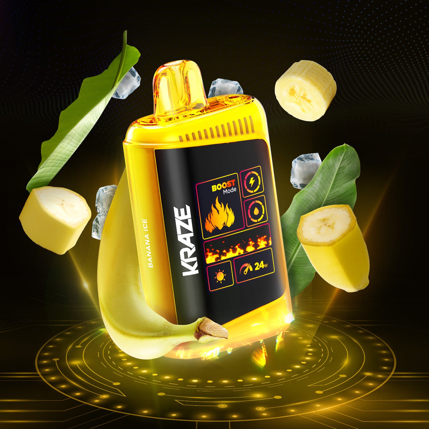 KRAZE HD Mega, Banana Bake flavour disposable vape with rechargeable battery and adjustable settings, designed for vaping enthusiasts in Ontario and Quebec