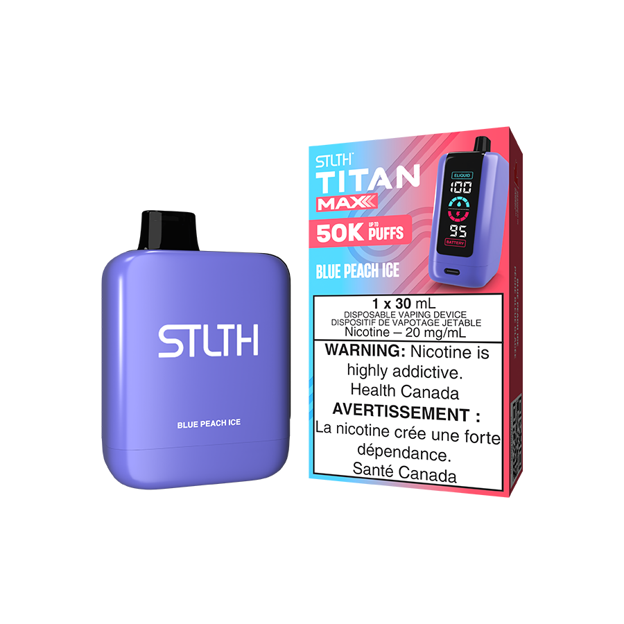 STLTH Titan MAX 50K, Blue Peach Ice flavour, precise airflow control, mega screen display, high-capacity disposable vape, ideal for vapers in Ontario and Quebec.