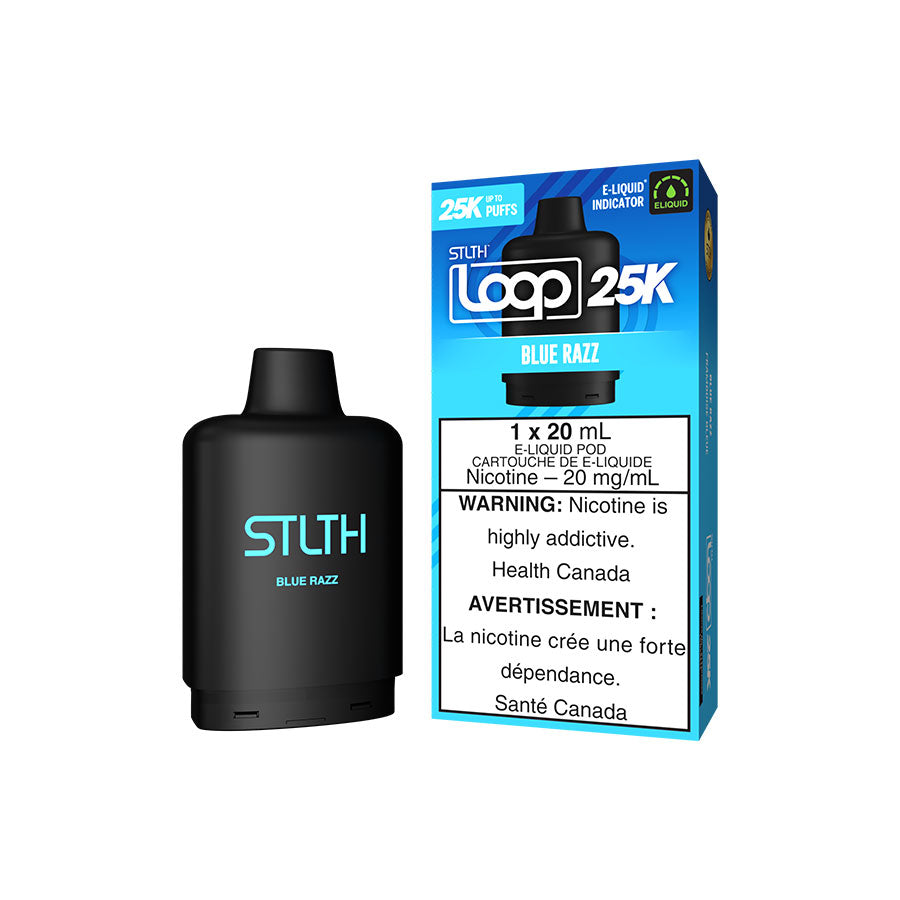 STLTH Loop 25K Blue Razz flavour disposable vape, 25,000 puffs, rechargeable design, smooth bold flavour for dedicated vapers in Ontario and Quebec.