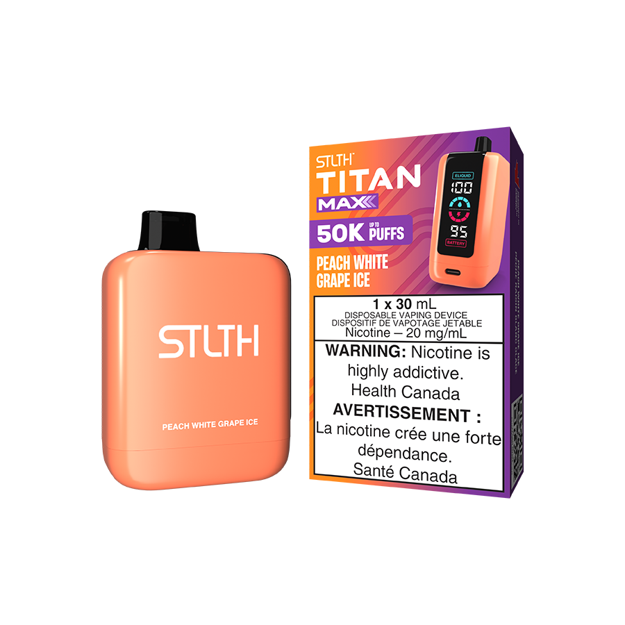 STLTH Titan MAX 50K disposable vape, Peach White Grape Ice flavour, quad mesh coil, mega screen, airflow control, USB-C rechargeable, designed for Ontario and Quebec vapers.