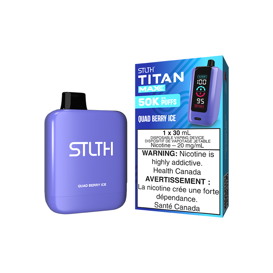 STLTH Titan MAX 50K, Quad Berry Ice flavour, quad mesh coil, mega LED screen, adjustable airflow for enhanced vaping, designed for Ontario and Quebec vapers.
