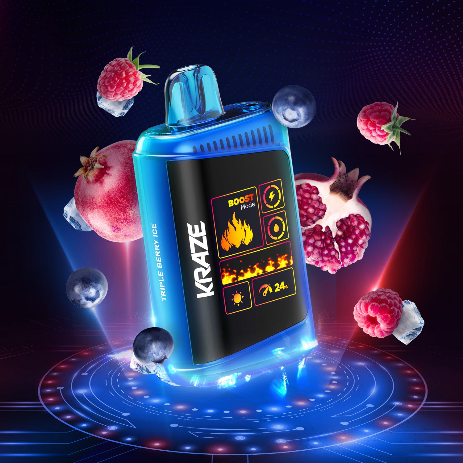 KRAZE HD Mega, Fruit Flash Ice flavour disposable vape with customizable airflow and rechargeable 800mAh battery, designed for premium vaping performance in Ontario and Quebec.