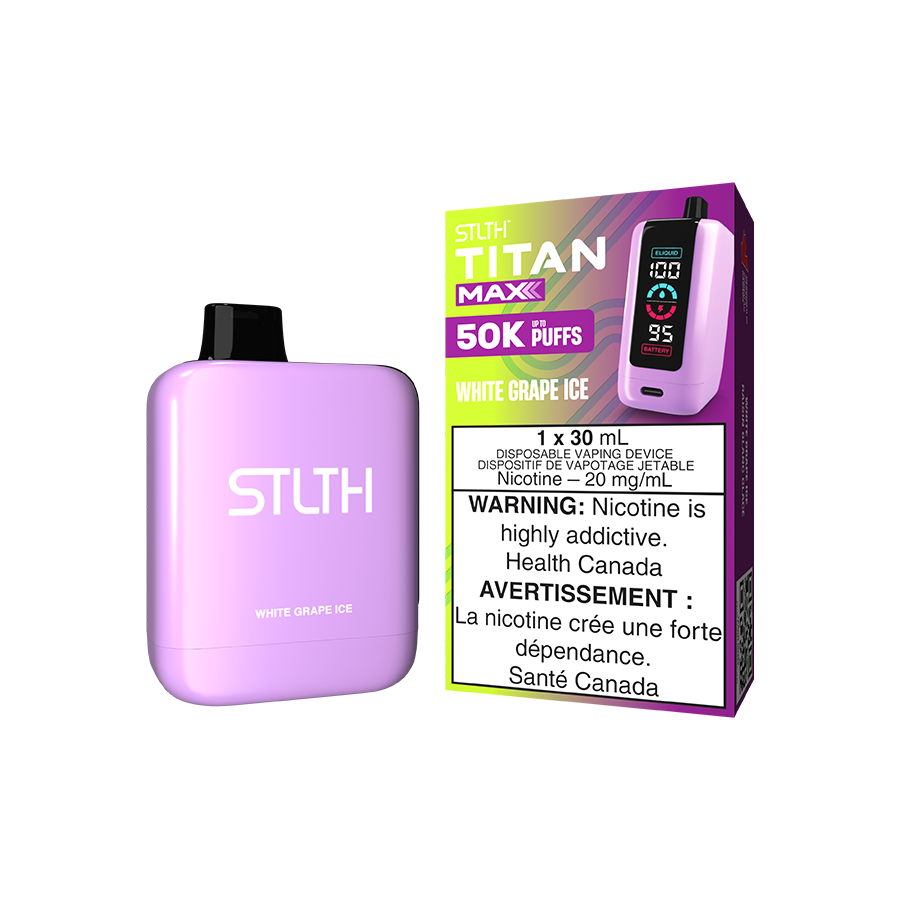 STLTH Titan MAX 50K disposable vape, White Grape Ice flavour, quad mesh coil, adjustable airflow, 30mL long-lasting e-liquid capacity, perfect for Ontario and Quebec vapers.