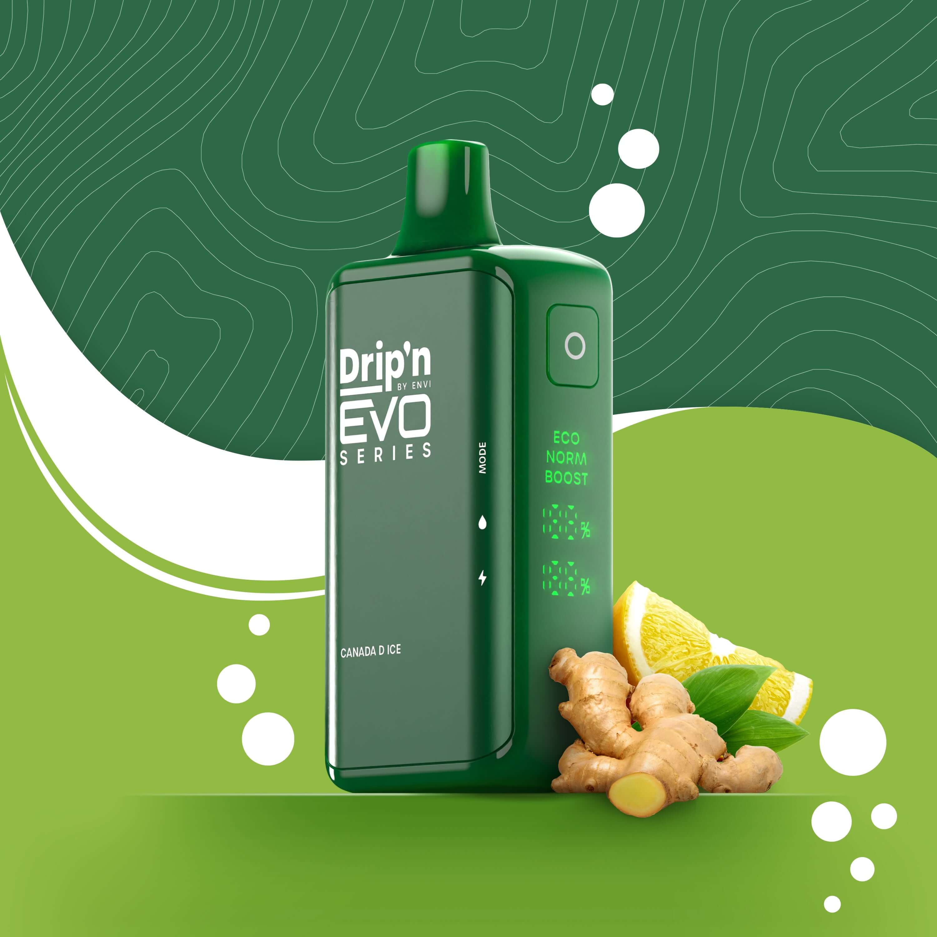 DRIP'N Evo 28K, Hawaiian Storm Ice flavour vape with customizable nicotine levels, smooth and refreshing vaping experience, designed for Ontario and Quebec users.
