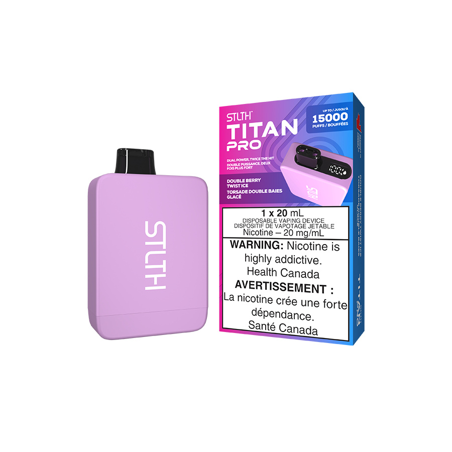 STLTH Titan PRO, Double Berry Twist Ice flavour, rechargeable vape with LED screen display, intense fruity taste and smooth vaping experience, suitable for Ontario and Quebec vapers.