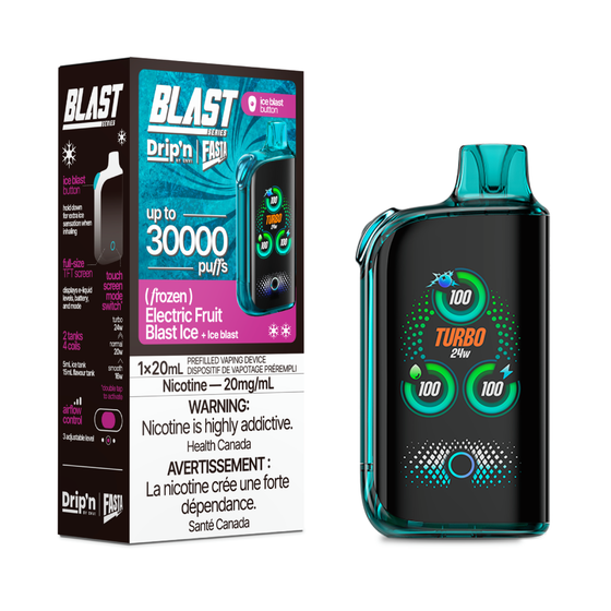 DRIP'N Fasta Blast 30K, Electric Fruit Blast Ice flavour with adjustable cooling and three modes, up to 30,000 puffs, disposable vape device ideal for vapers in Ontario and Quebec.