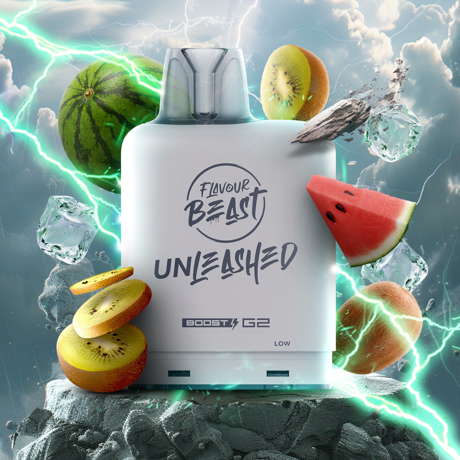 Flavour Beast Level X Unleashed Boost G2 Pod, Epic Watermelon Kiwi flavour, 25K puffs, Boost Mode technology for enhanced flavour, optimized for Ontario and Quebec vapers.