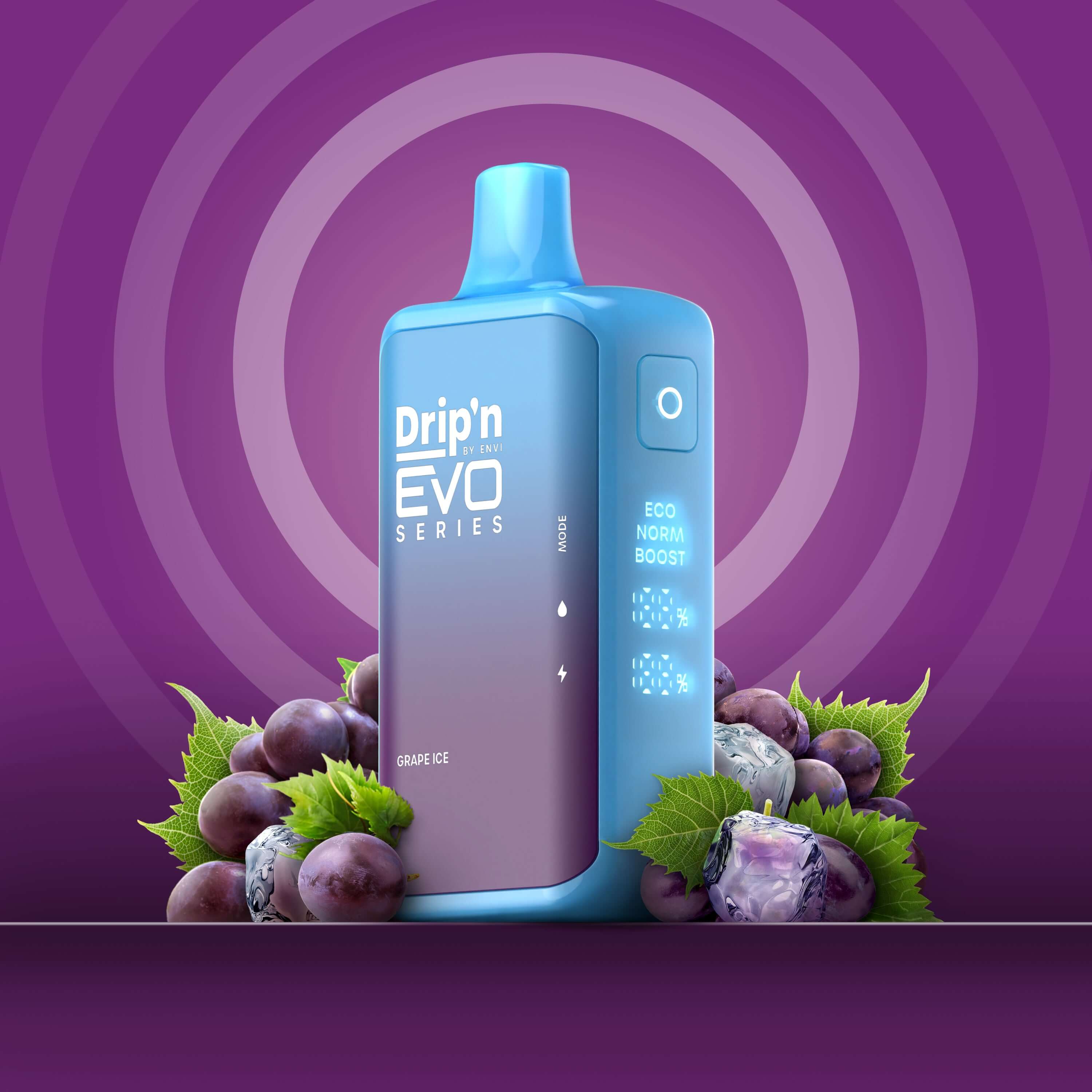 DRIP'N Evo 28K, Blueberry Swirl flavour, customizable Eco, Normal, and Boost modes delivering up to 28,000 puffs, ideal for Ontario and Quebec vapers.