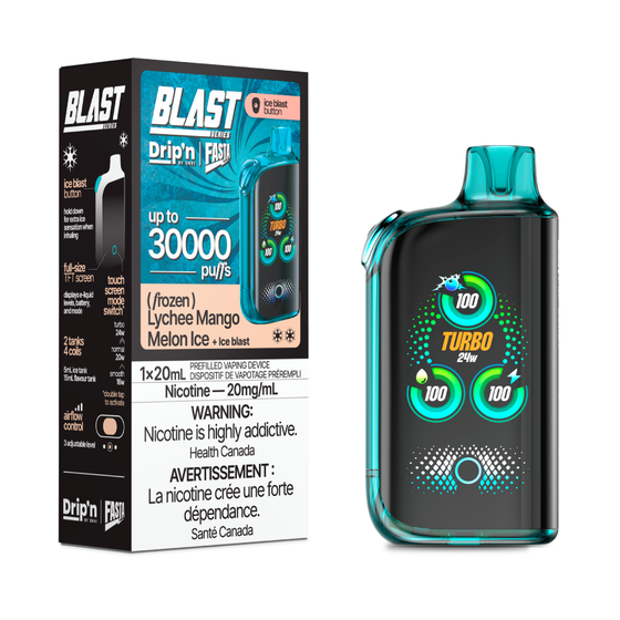 DRIP'N Fasta Blast 30K, Snazzy S Storm Ice flavour, adjustable cooling and turbo mode for a smooth icy vape experience, designed for Ontario and Quebec vapers.