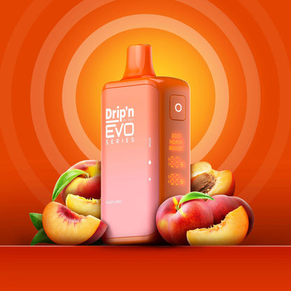 DRIP'N Evo 28K, Peach Zing flavour, crisp and vibrant vaping experience, high puff count with customizable modes, designed for users in Ontario and Quebec.
