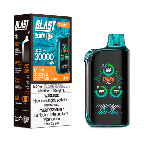 DRIP'N Fasta Blast 30K, Mango Peach Watermelon Ice flavour with adjustable cooling, up to 30,000 puffs disposable vape, designed for Ontario and Quebec vapers seeking variety and performance.