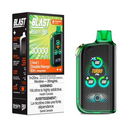 DRIP'N Fasta Blast 30K, Raspberry Peach Mango Ice flavour, adjustable cooling with three vape modes, high-capacity disposable vape device, ideal for Ontario and Quebec vapers.
